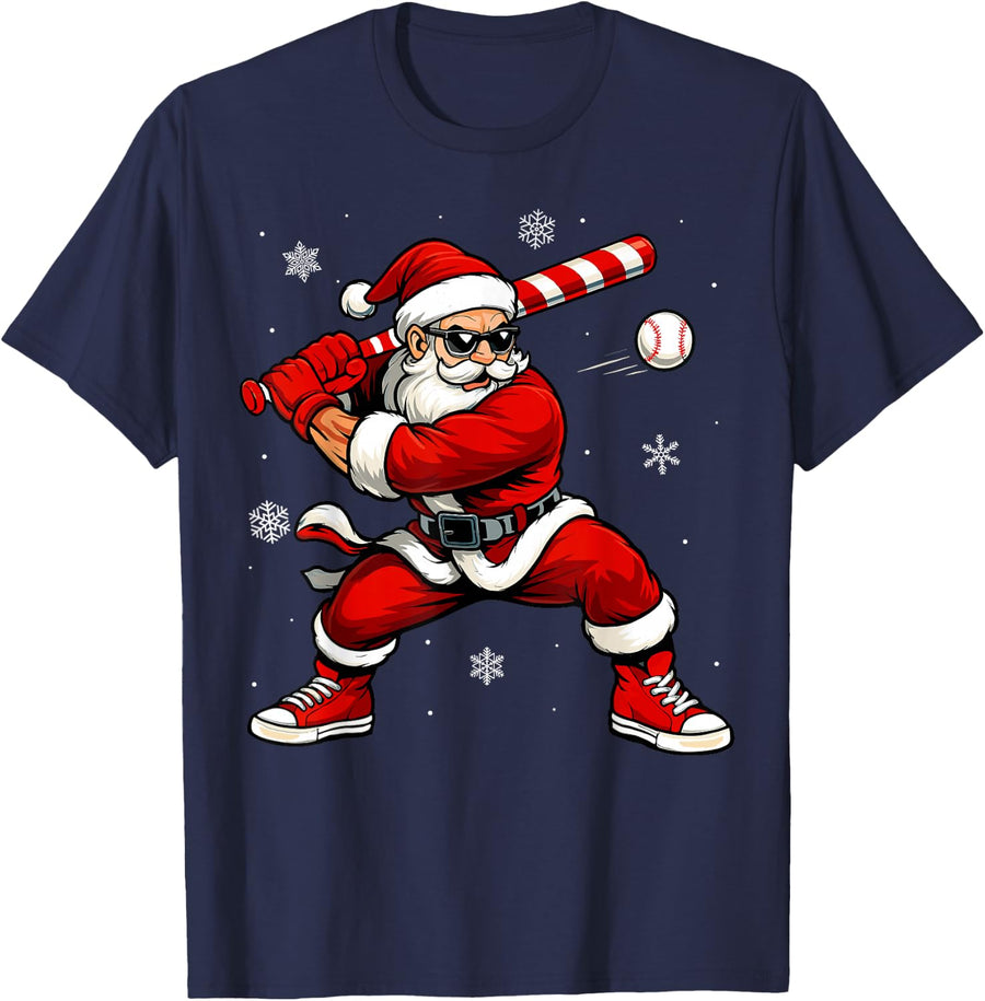 Santa Playing Baseball Xmas Funny Christmas Baseball Santa T-Shirt - Navy Blue