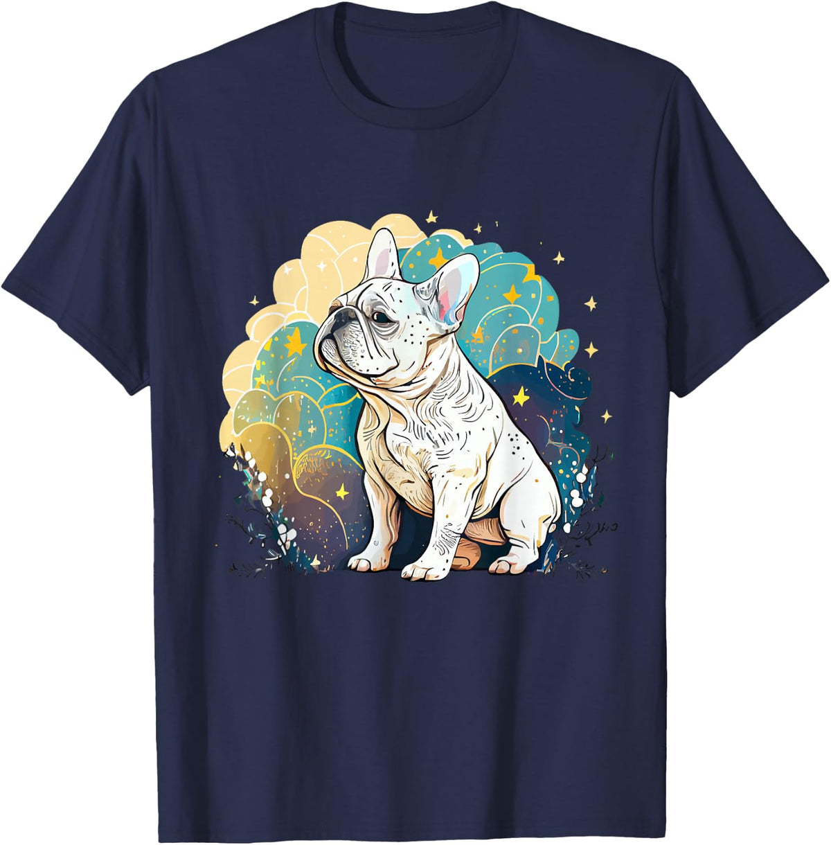 White Frenchie French Bulldog Starry Night Van Gogh Colorful T-Shirt - Navy Blue