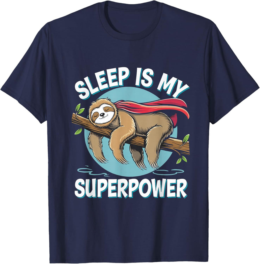 Sleepy Sloth with Superhero Cape T-Shirt - Navy Blue