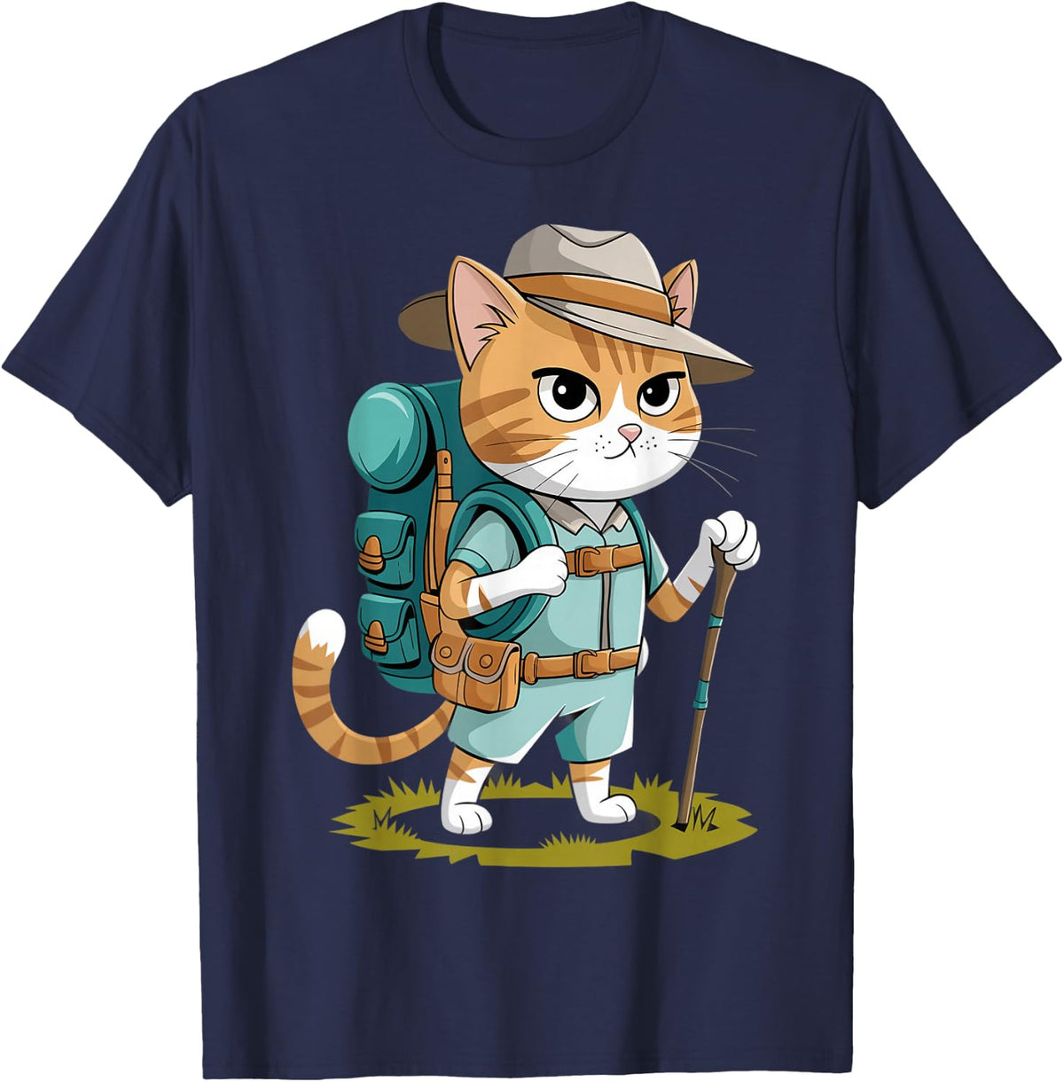 Funny Cat With Hiking Backpack Hiking Cat Adventure Graphic T-Shirt - Navy Blue