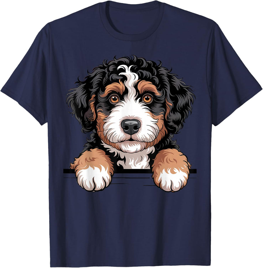 Bernedoodle Funny Peeking Pocket Berner Doodle Dog Lover T-Shirt - Navy Blue