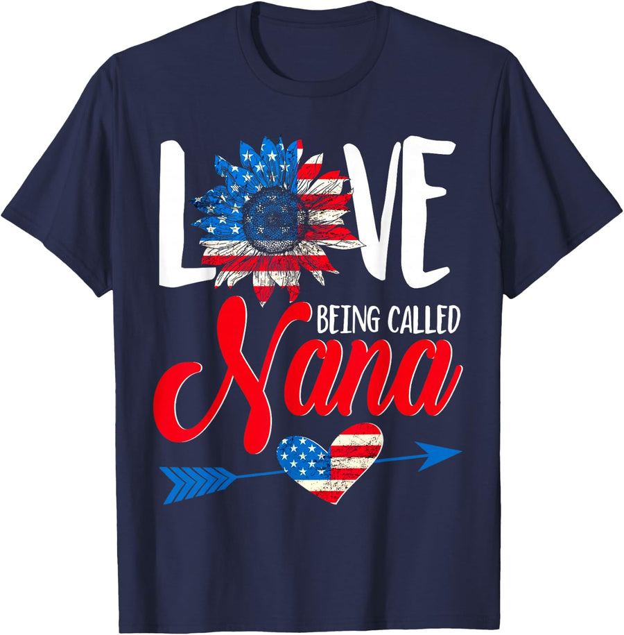 I Love Being Called Nana Sunflower American Flag July 4th T-Shirt - Navy Blue
