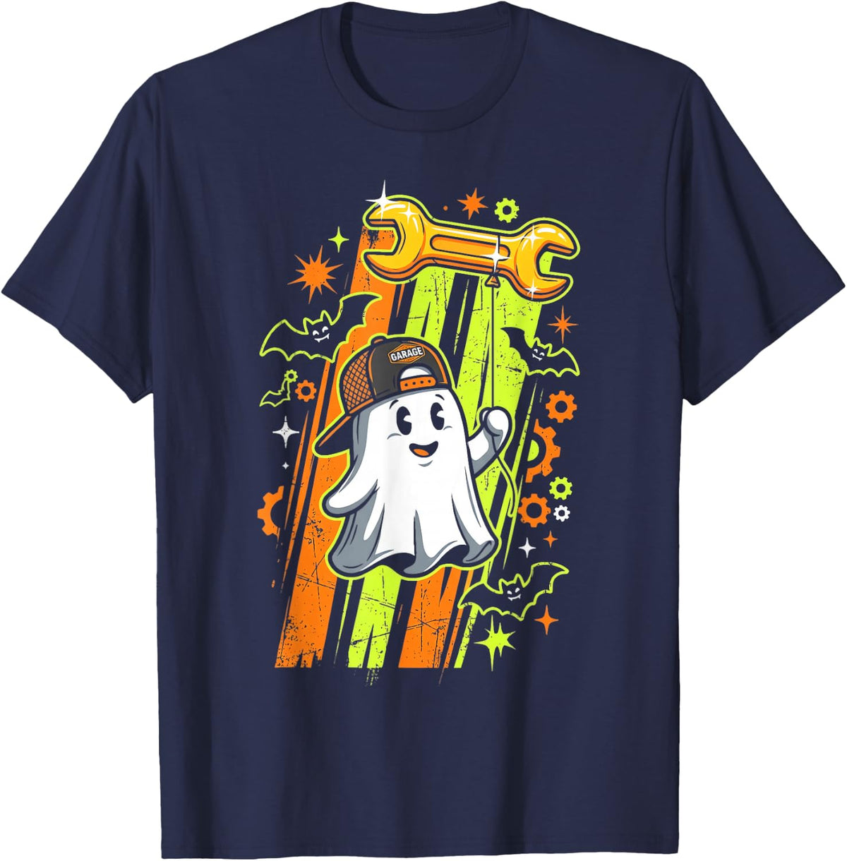 Ghost Mechanic Halloween Cute Spooky Garage Auto Repair T-Shirt - Navy Blue