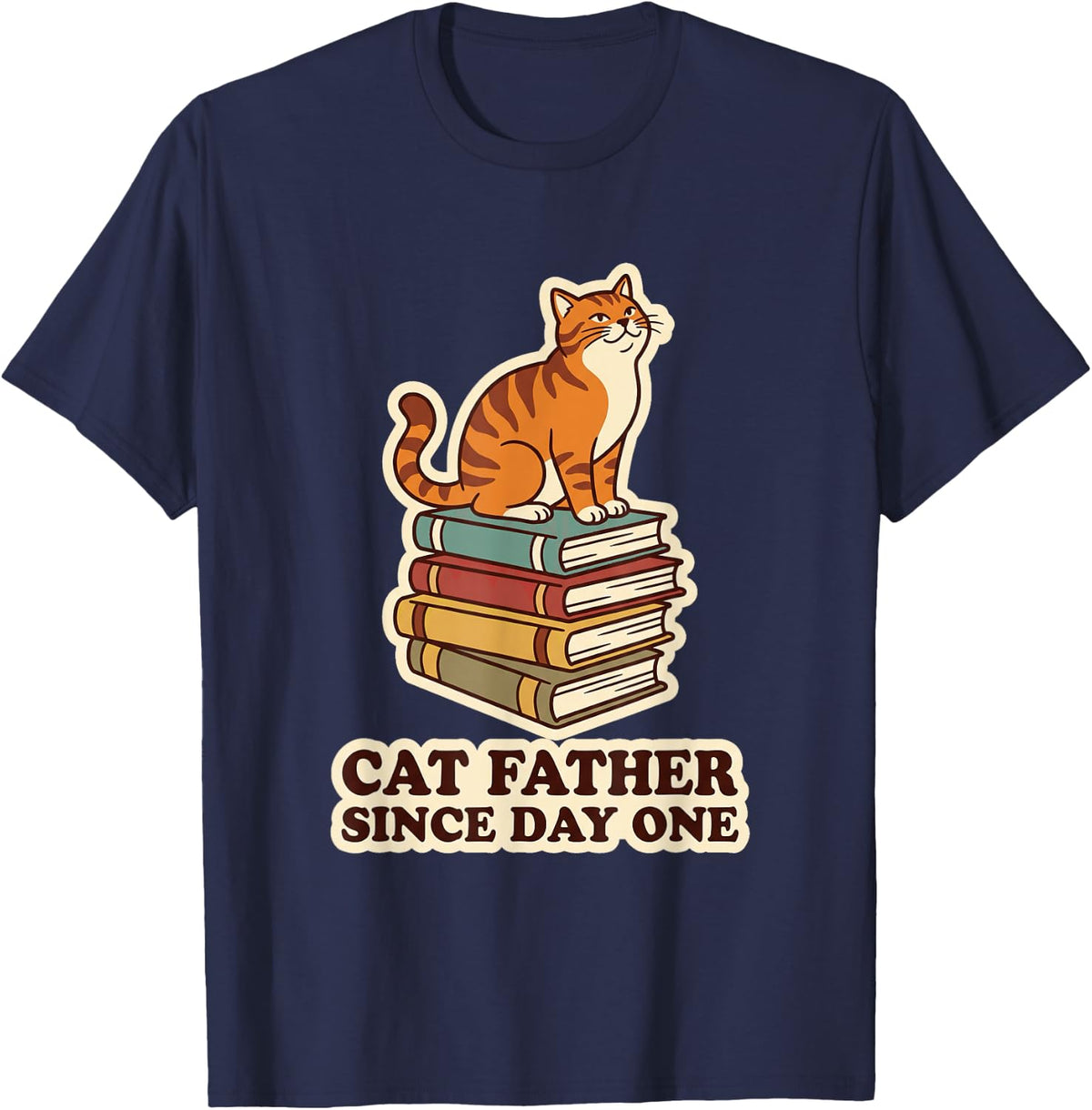 Orange Tabby Cat Sitting On Books Cat Dad Book Lover Quote T-Shirt - Navy Blue