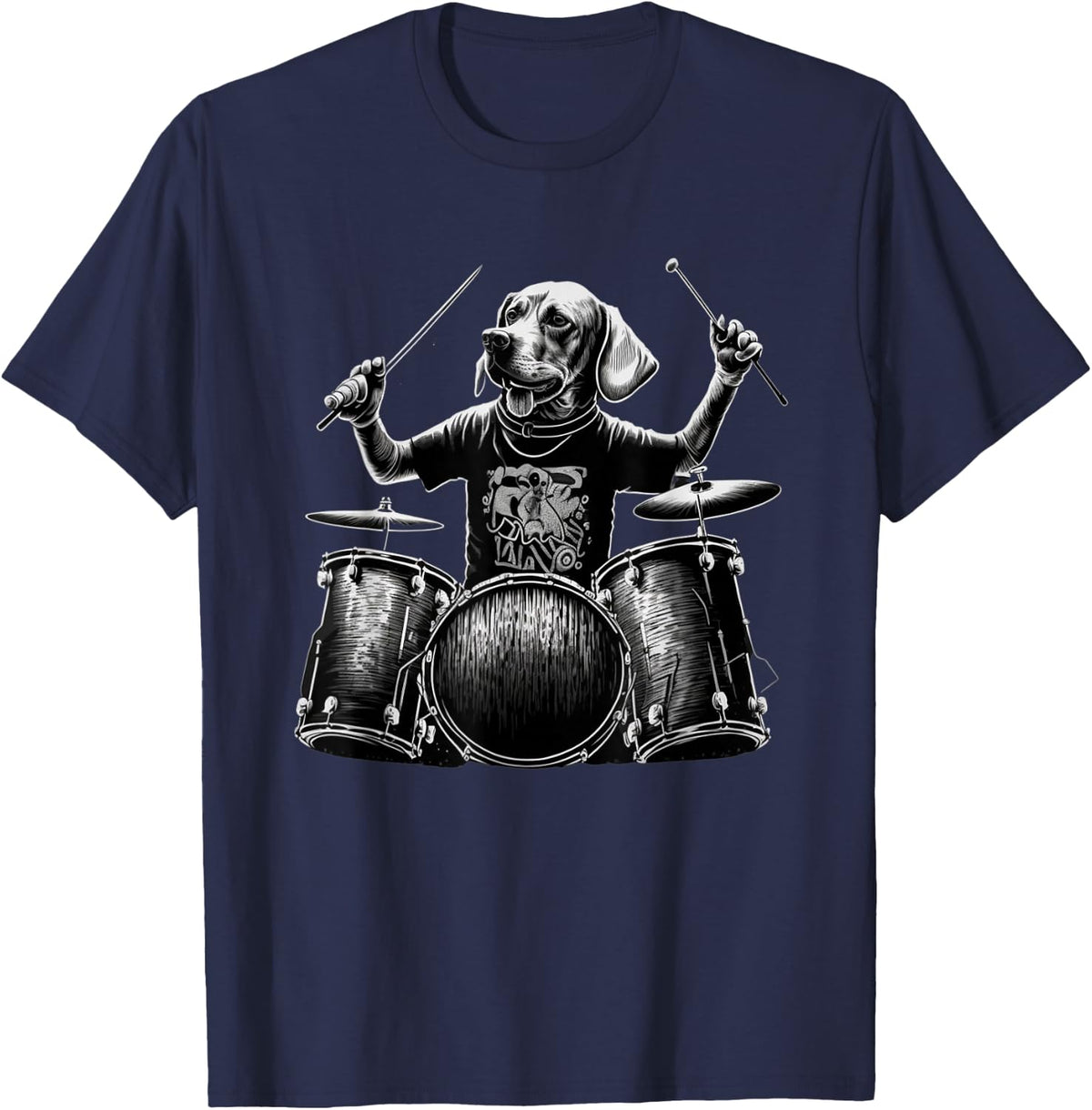 Funny Dog Playing Drums Rock Band Drummer Drumming Dog Lover T-Shirt - Navy Blue