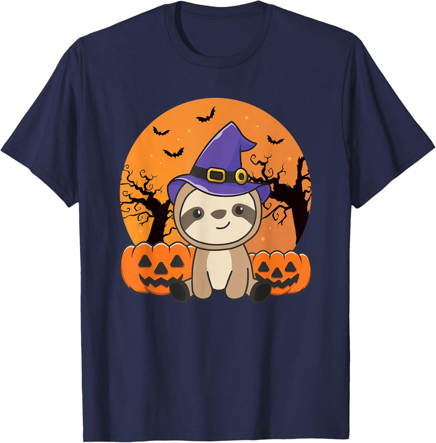 Sloth In Pumpkin Witch Sloths Happy Halloween T-Shirt - Navy Blue