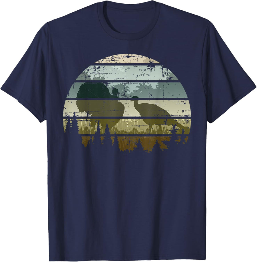 Nostalgic Turkey Hunting Silhouette Retro Forrest Sunset T-Shirt - Navy Blue
