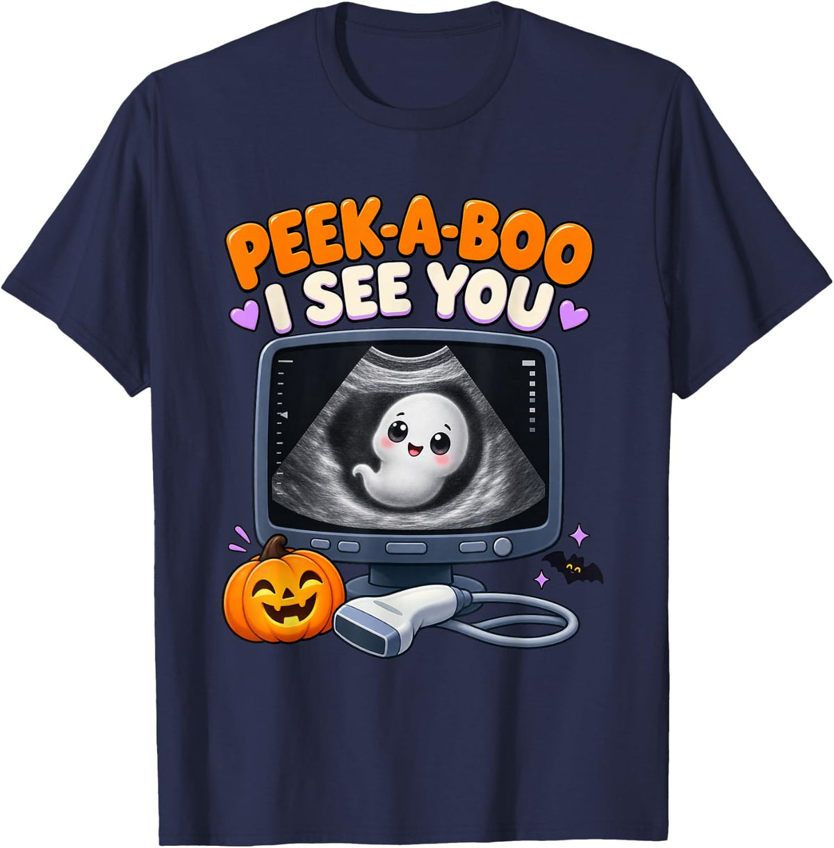 Sonographer Halloween Peek-A-Boo I See You Ultrasound T-Shirt - Navy Blue