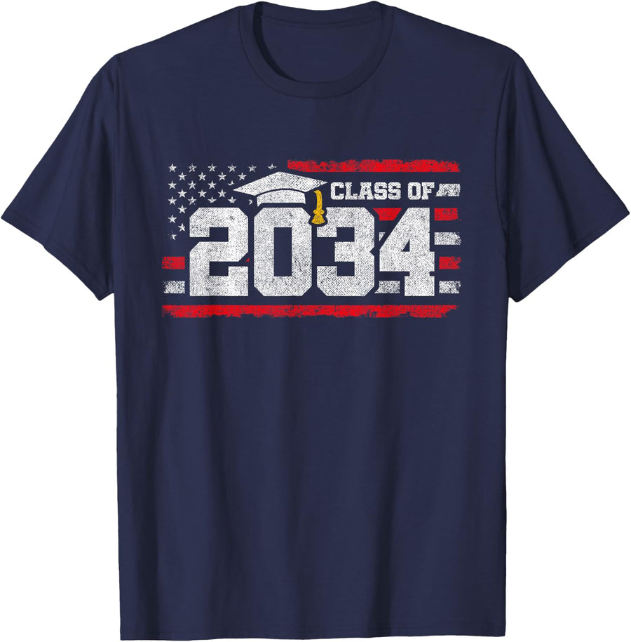 Class of 2034 Graduation - American Flag - Class of 2034 T-Shirt - Navy Blue