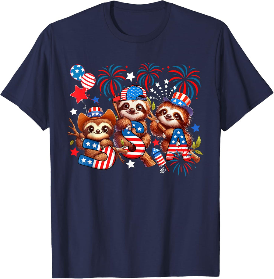 USA 4th Of July Three Cute Sloths Holding US Flag Patriotic Tees T Shirts - Navy Blue