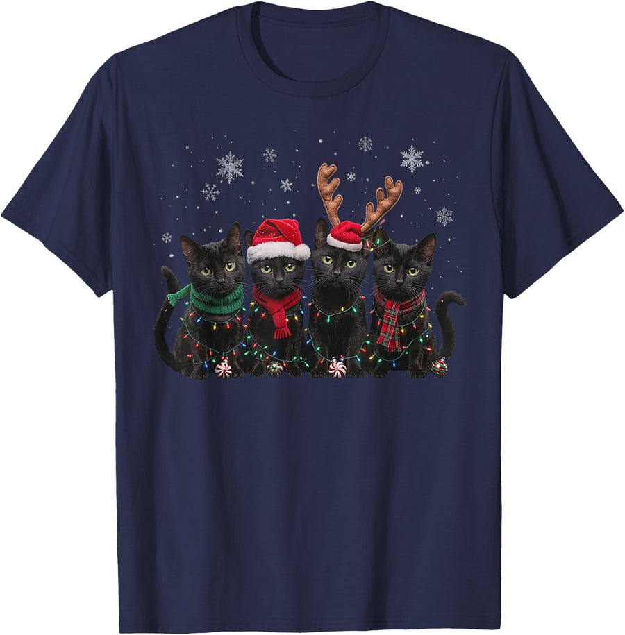 Christmas Lights Black Cat Xmas Funny Cat Santa Hat Men Kids T-Shirt - Navy Blue