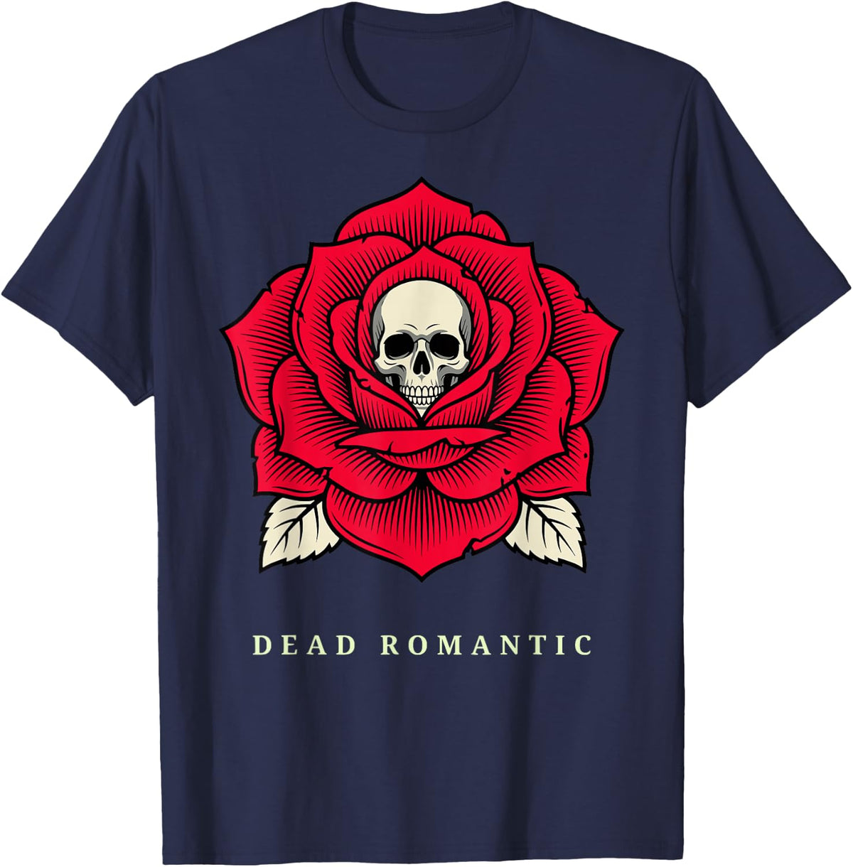 Skull Dead Romantic Rose Funny Gothic Dark Humor Art T-Shirt - Navy Blue