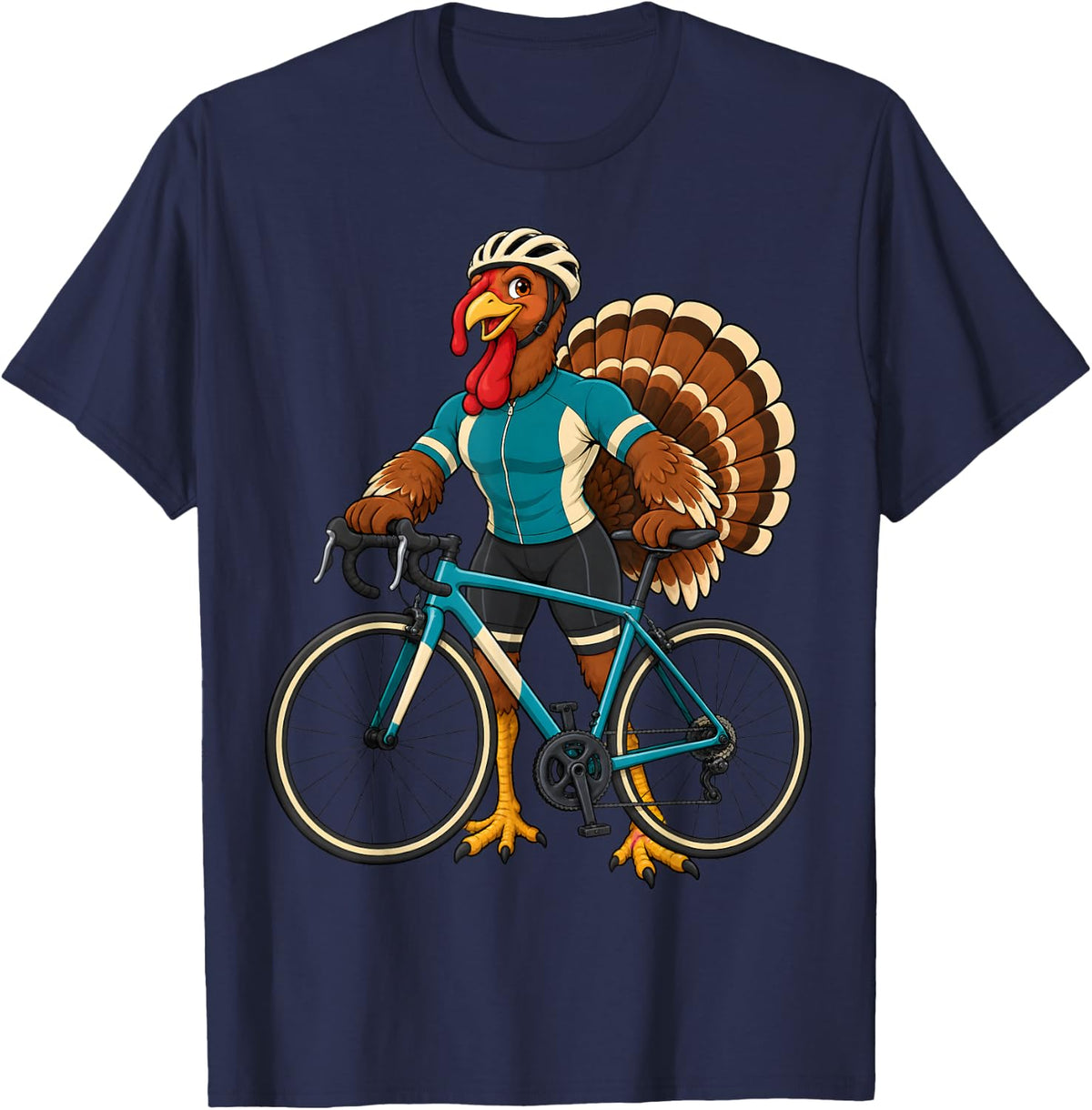 Cycling Turkey Funny Thanksgiving Road Bike Rider Cartoon T-Shirt - Navy Blue