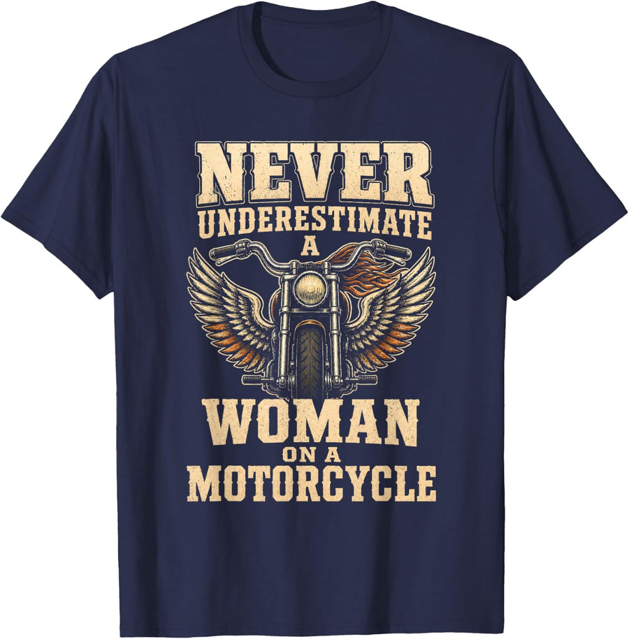 Lady Rider Never Underestimate A Woman On A Motorcycle T-Shirt - Navy Blue