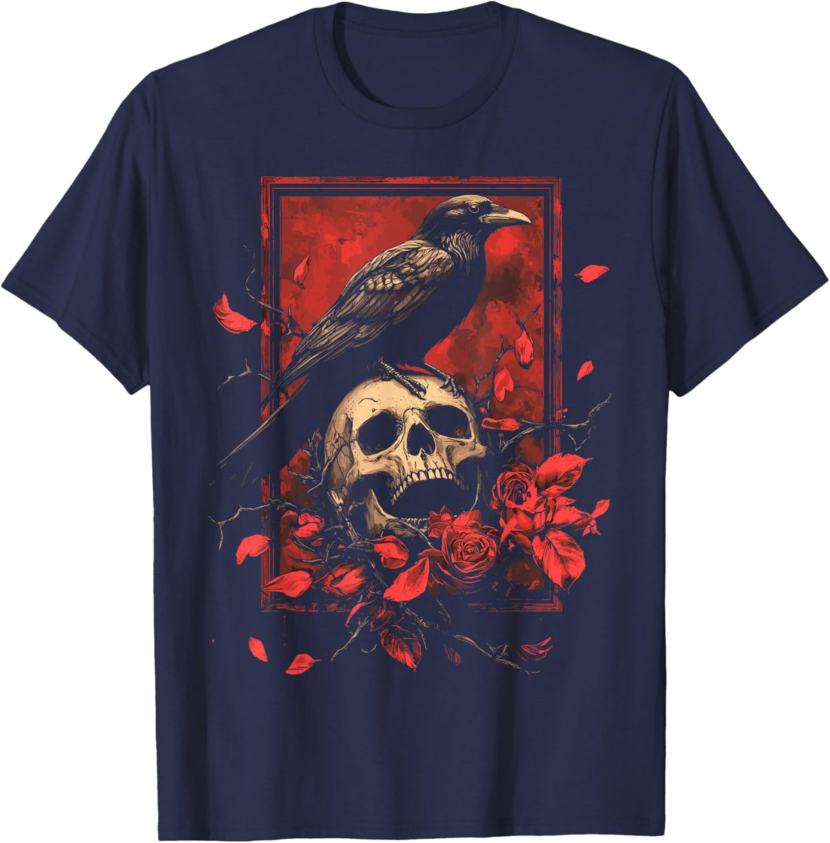 Raven Crow Y2K Grunge Aesthetic Dark Bird Goth Skull Gothic T-Shirt - Navy Blue
