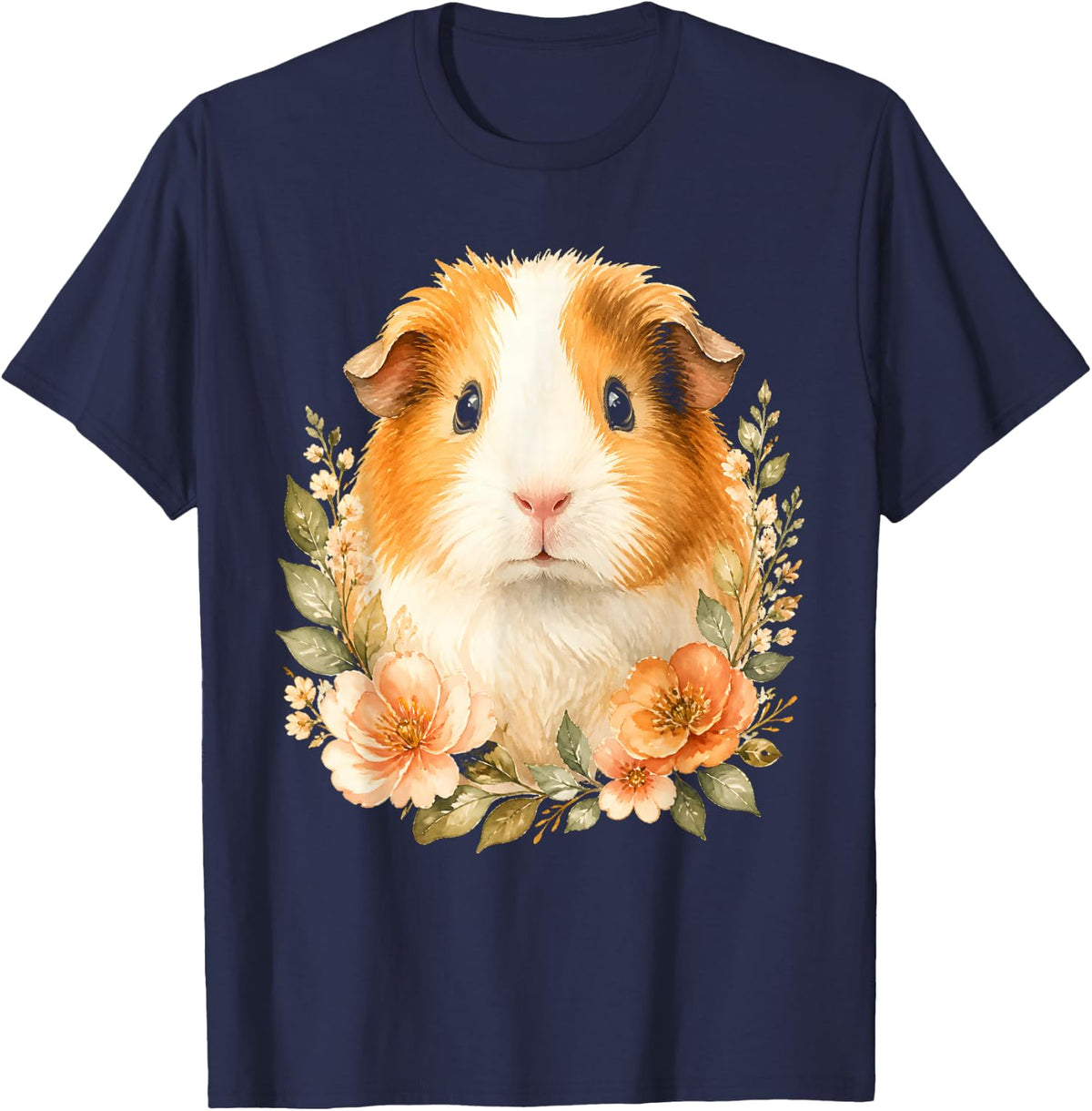 Watercolor Guinea Pig Portrait Cavy Botanical T-Shirt - Navy Blue