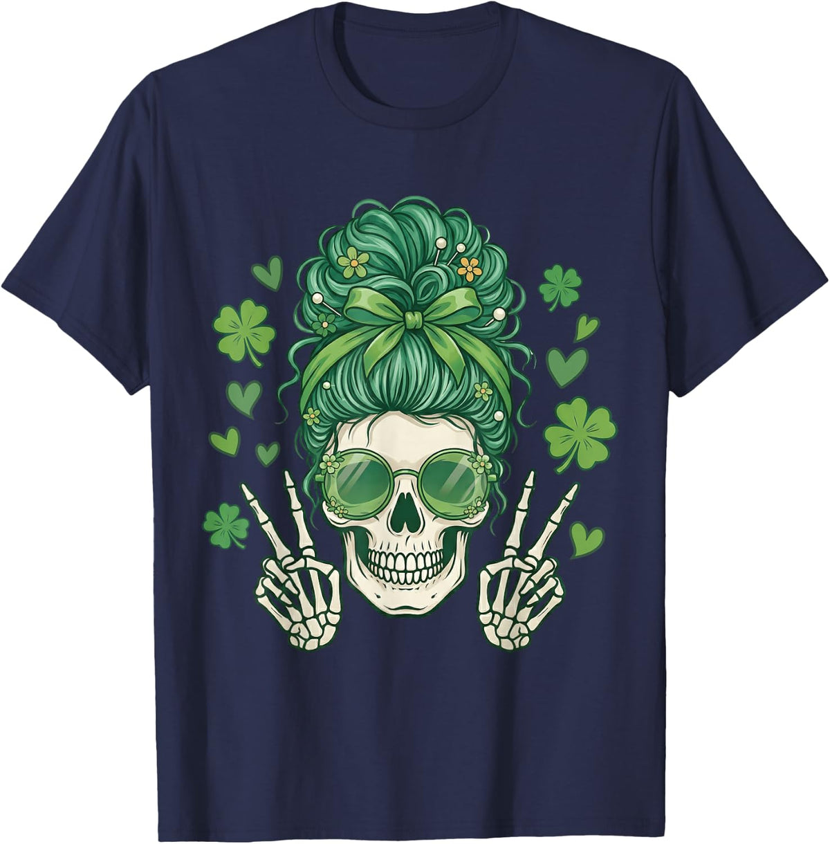 Messy Bun Skull St Patricks Day Women Girl St Paddys Pattys T-Shirt - Navy Blue