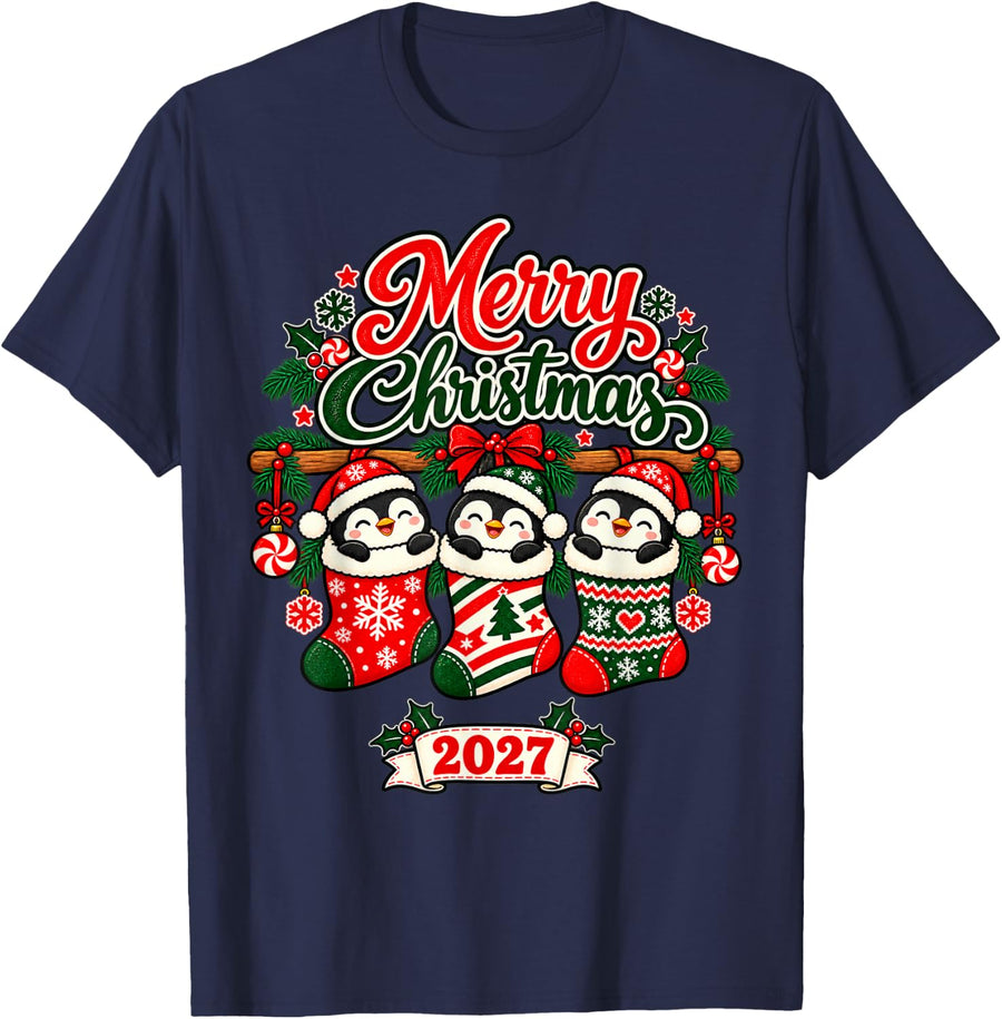 Merry Christmas 2027 Happy Penguin in Stockings Men Women T-Shirt - Navy Blue