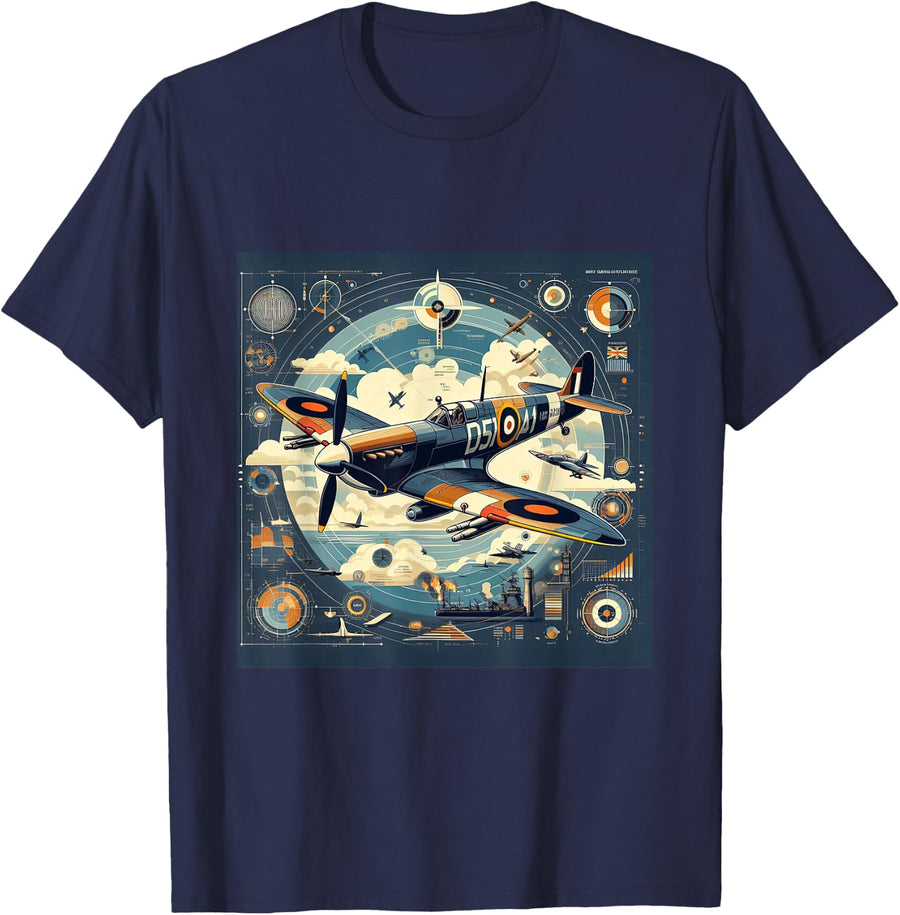 Spitfire RAF Supermarine WW2 Fighter Plane Infographics T-Shirt - Navy Blue