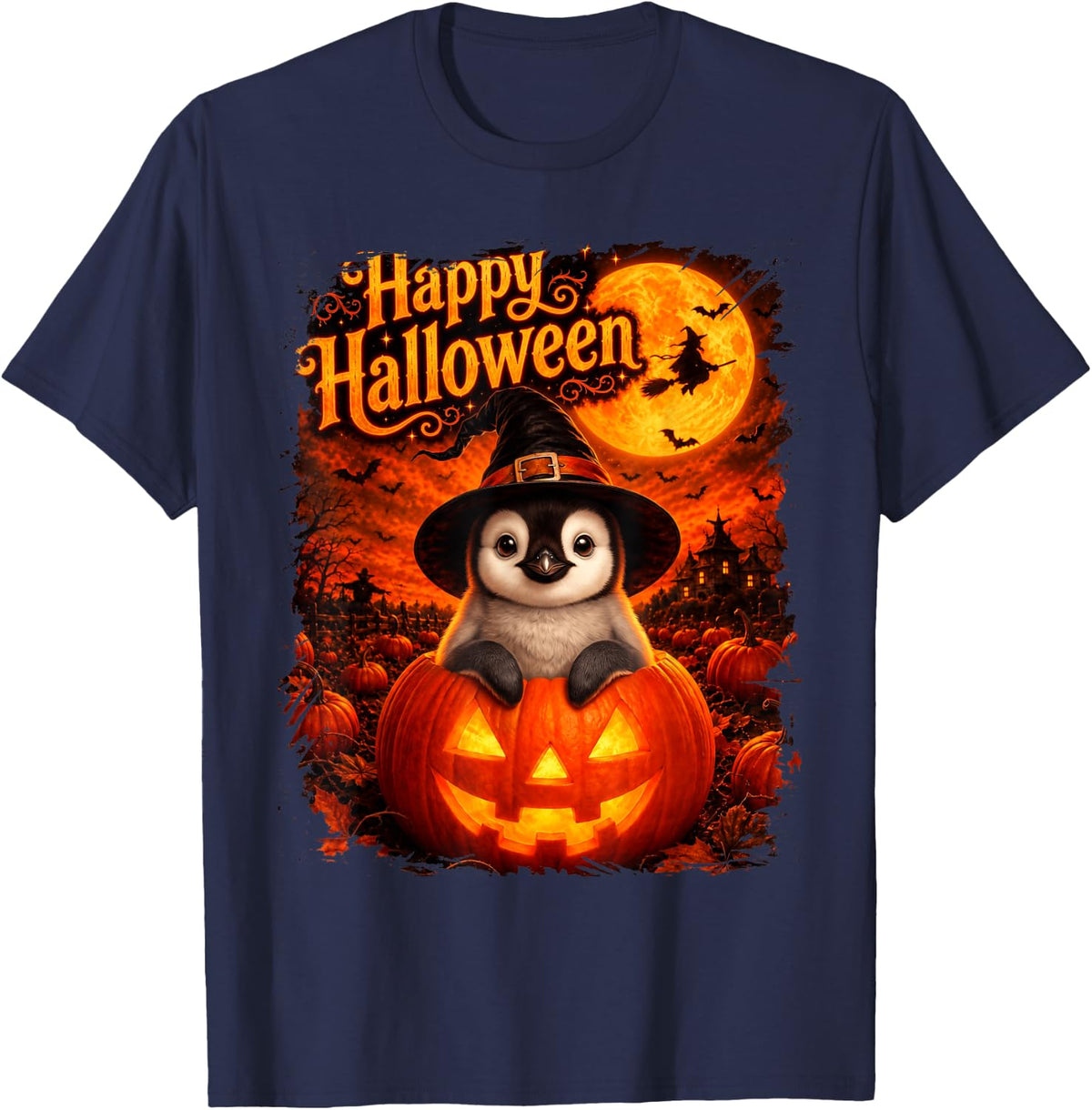 Cute Penguin Bird Happy Halloween Night T-Shirt - Navy Blue