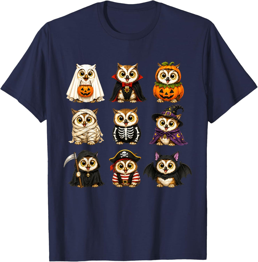 Cute Halloween Owl Pumpkin Ghost and Witch Costumes T-Shirt - Navy Blue