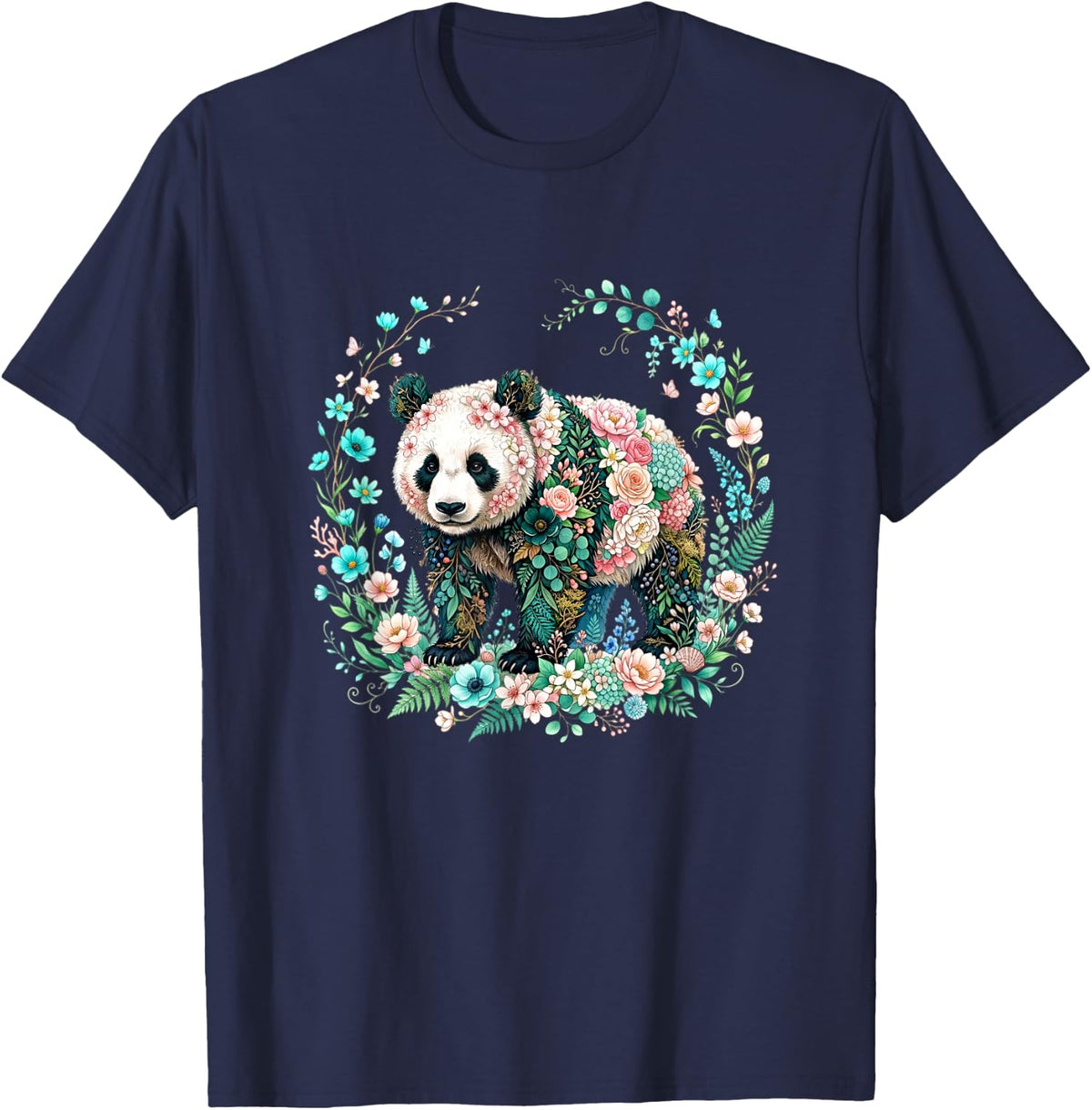 Floral Panda Bear Botanical Wreath Art T-Shirt - Navy Blue