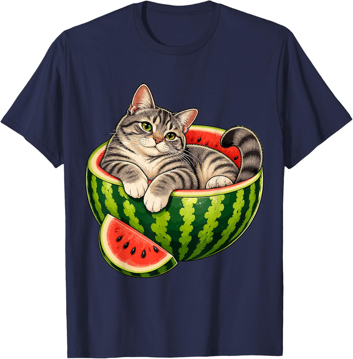 Tabby Cat in Watermelon Bed T-Shirt - Navy Blue