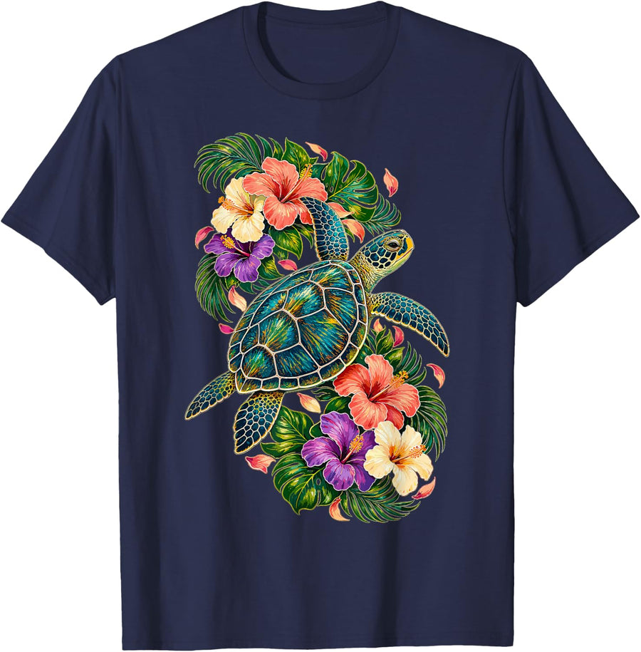 Sea Turtle Tropical Hibiscus Flowers Ocean Art T-Shirt - Navy Blue