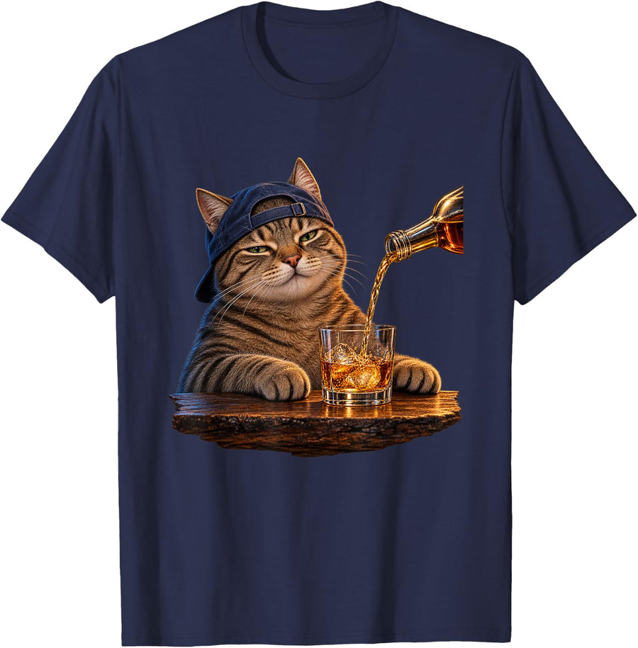 Cool Tabby Cat Whiskey Bar Funny Cat Lover Design T-Shirt - Navy Blue