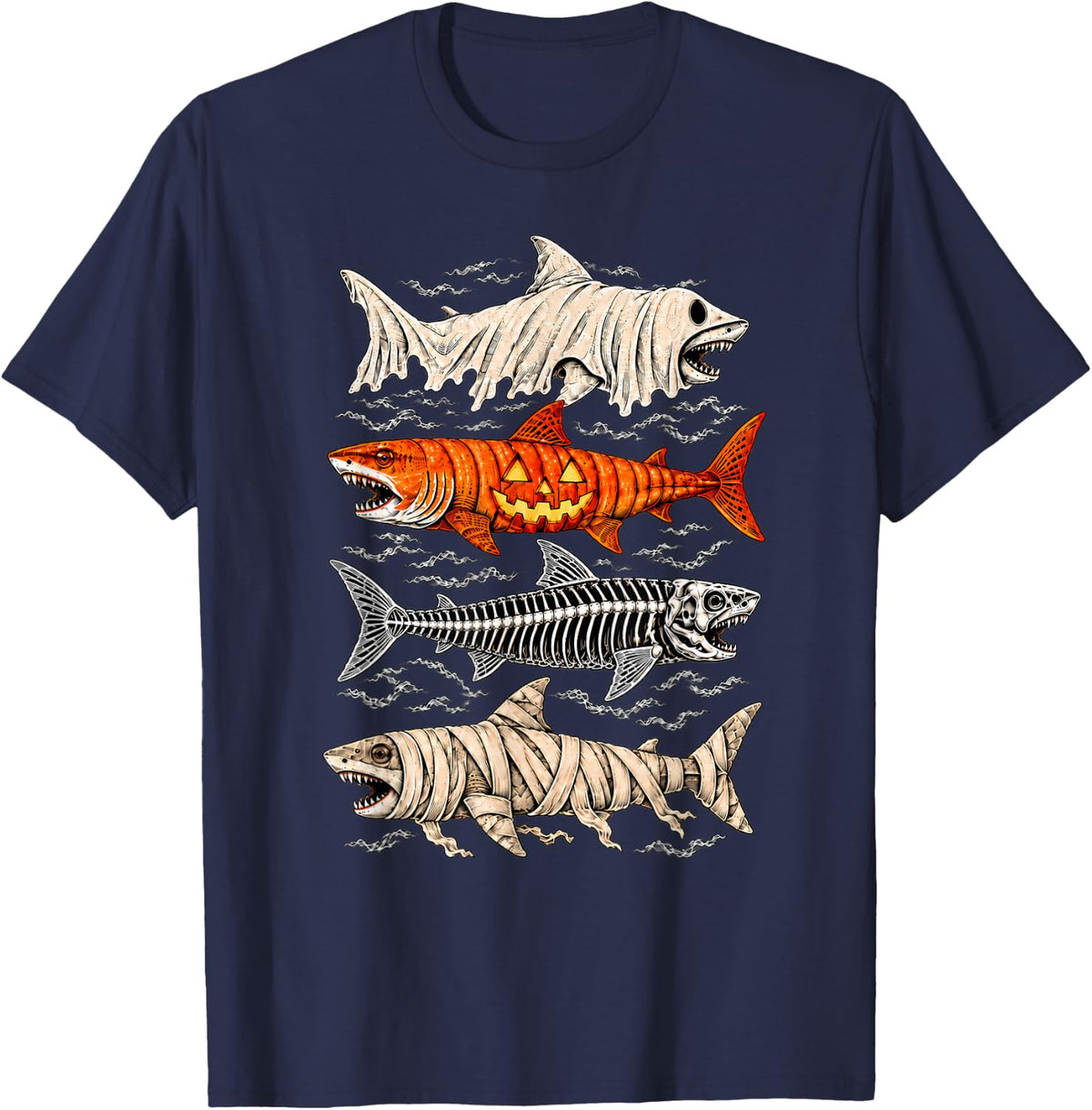 Halloween Fishing Shark Ghost Pumpkin Skeleton Mummy T-Shirt - Navy Blue