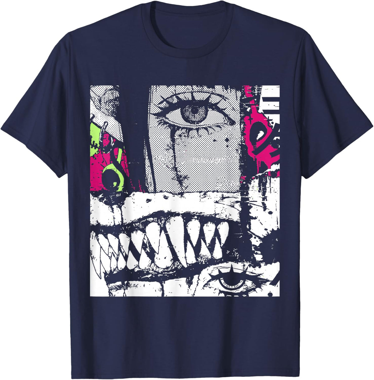 Wolf Girl Punk Anime Manga Horror Grunge Y2K Harajuku T-Shirt - Navy Blue