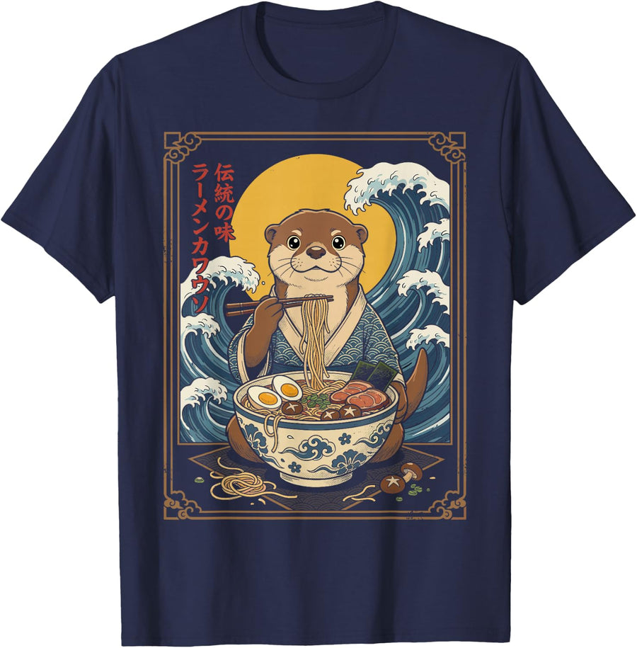 Japanese Art Ramen Otters Tee Otter Sea Wildlife Zoo Meme T-Shirt - Navy Blue