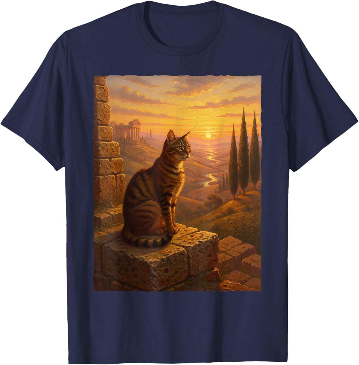Tabby Cat Ancient Roman Ruins Sunset Italian Landscape Art T-Shirt - Navy Blue