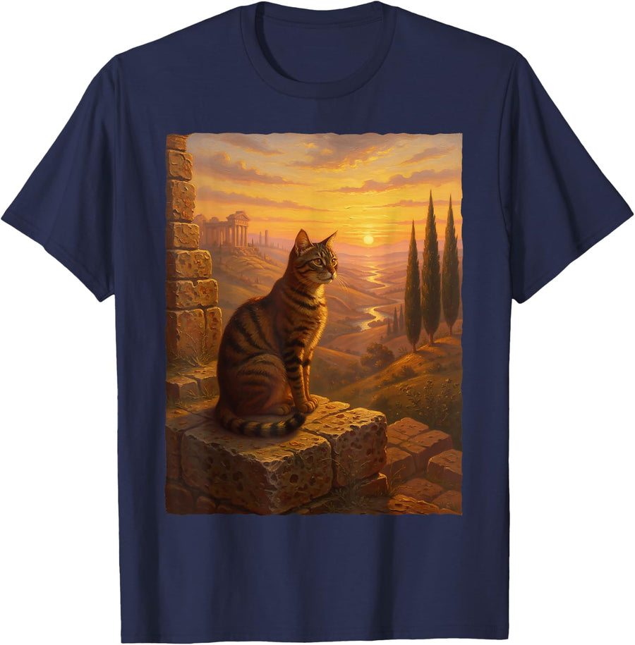 Tabby Cat Ancient Roman Ruins Sunset Italian Landscape Art T-Shirt - Navy Blue