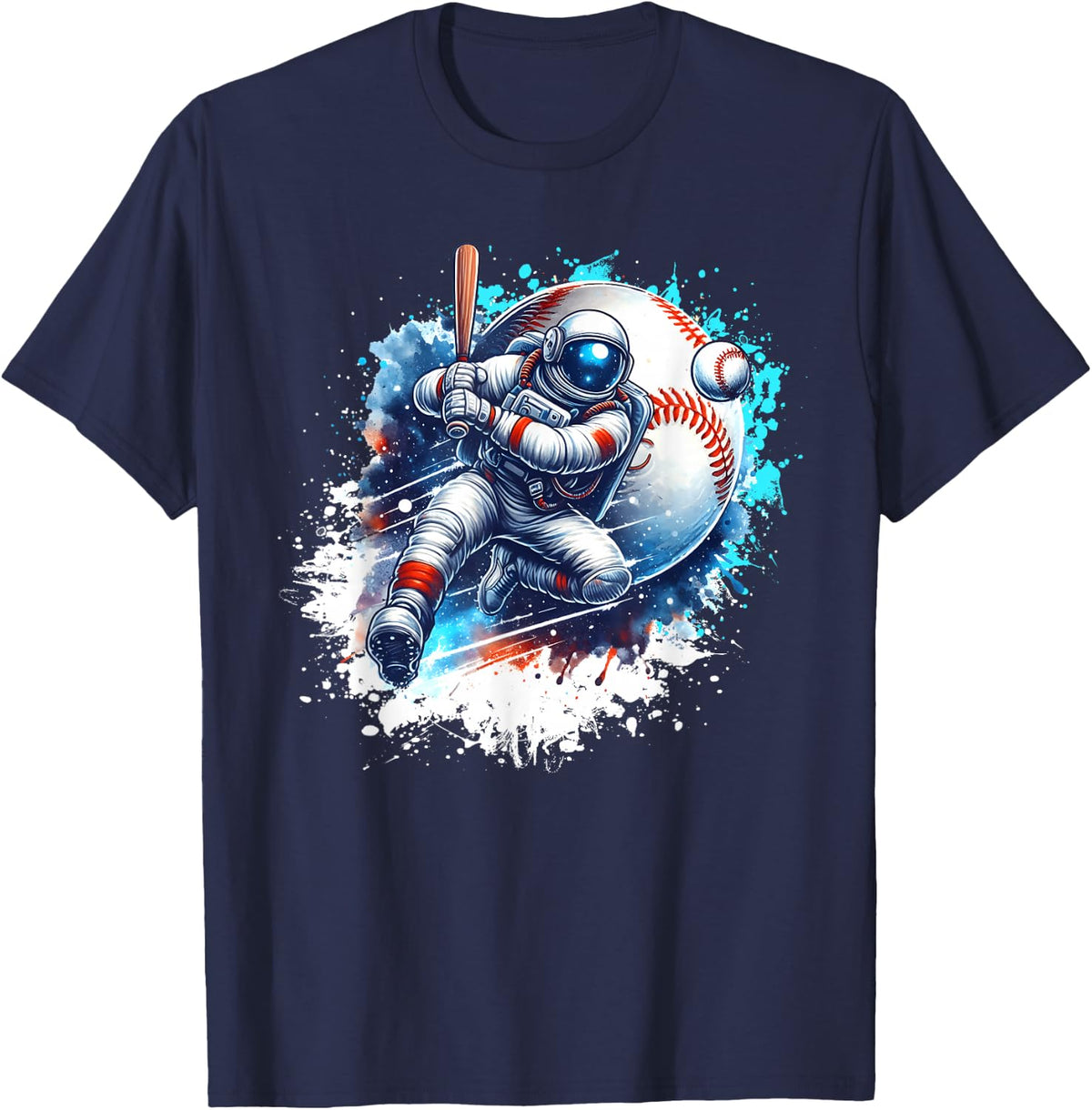 Astronaut Playing Baseball in Space T-Shirt Boys Girls T-Shirt - Navy Blue