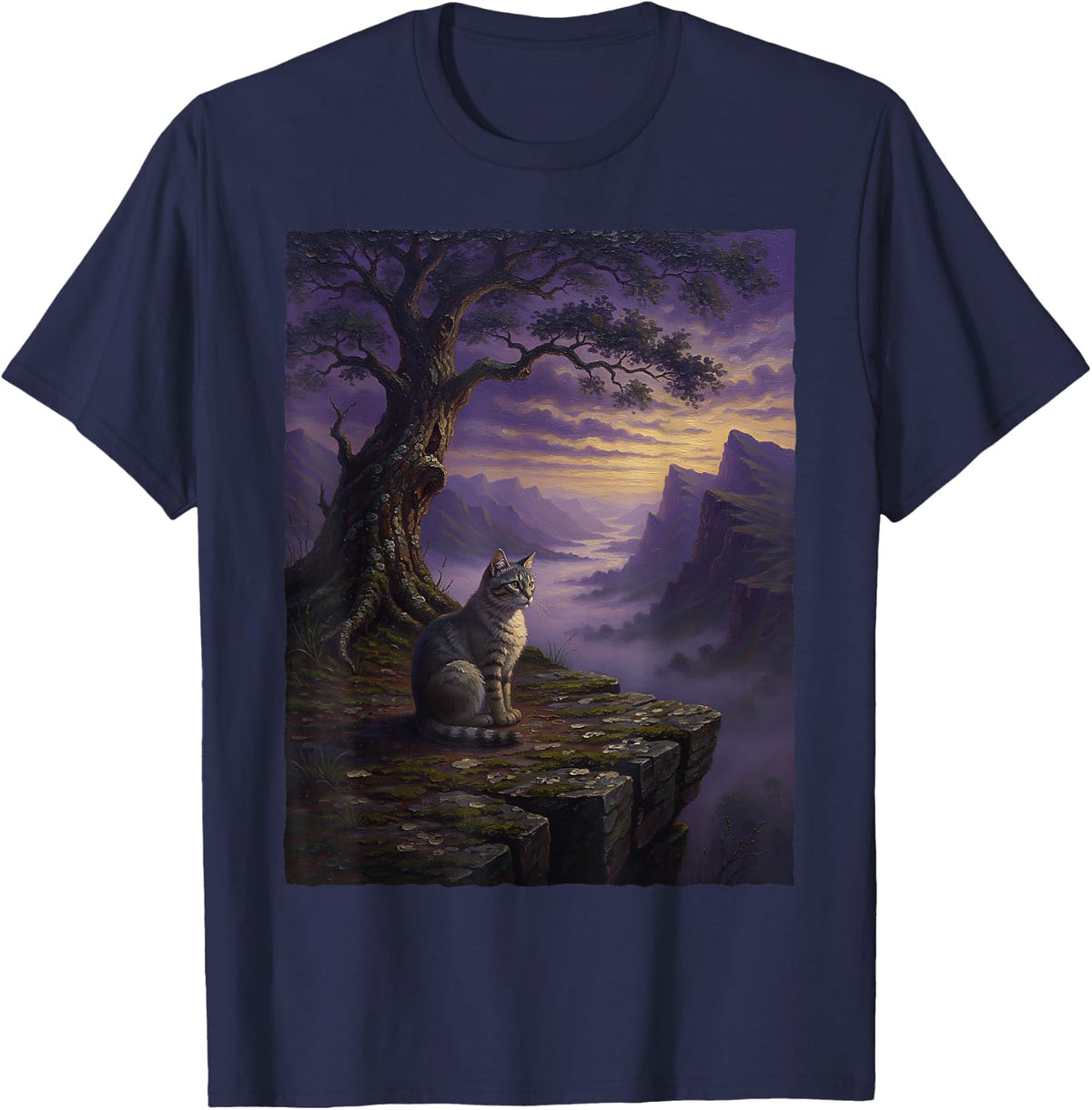 Tabby Cat on Mountain Cliff Sunset Fantasy Landscape Art T-Shirt - Navy Blue