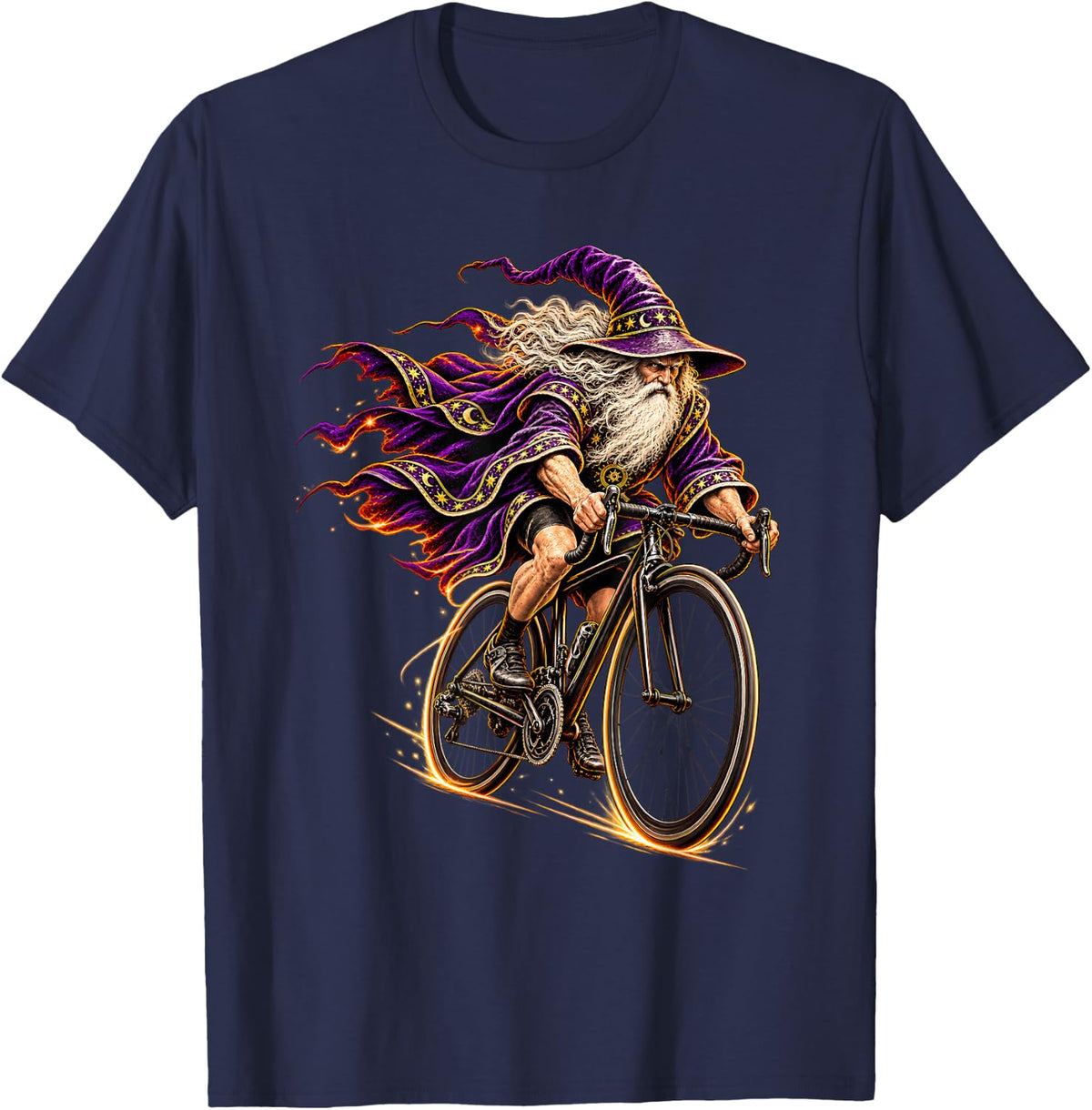 Funny Wizard Cyclist Sorcerer Road Cycling Fantasy Magic T-Shirt - Navy Blue