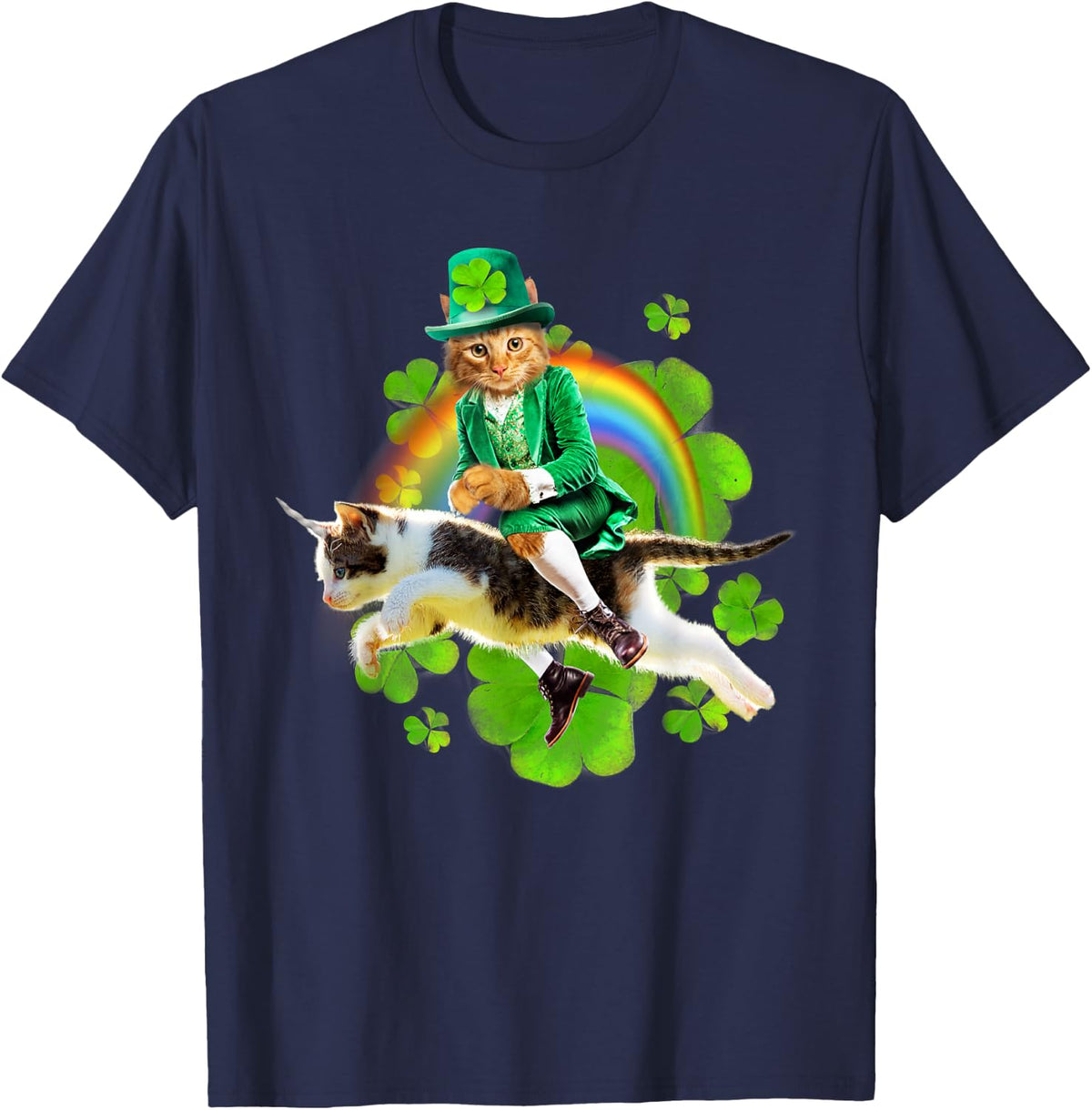Leprechaun Cat Riding in Rainbow St Patty T-Shirt - Navy Blue