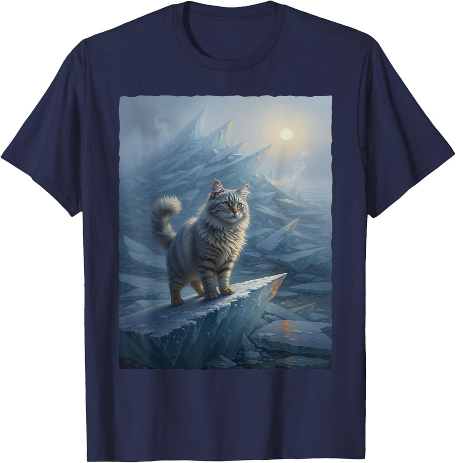 Majestic Fluffy Tabby Cat On Glacier Ice Winter Mountains T-Shirt - Navy Blue