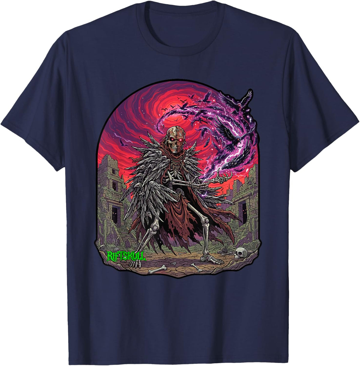 Native American Crow Shaman Skeleton Heavy Metal Rock Gothic T-Shirt - Navy Blue
