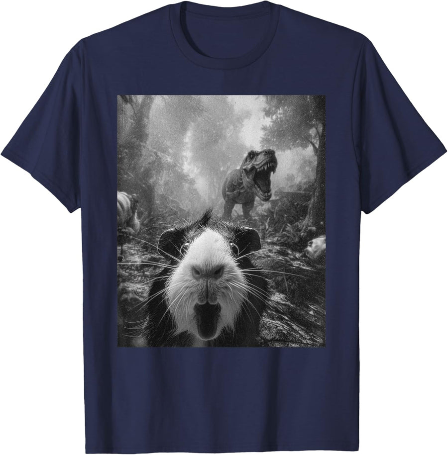 Funny Guinea Pig Selfie with T-Rex Dinosaur Dino Graphic T-Shirt - Navy Blue