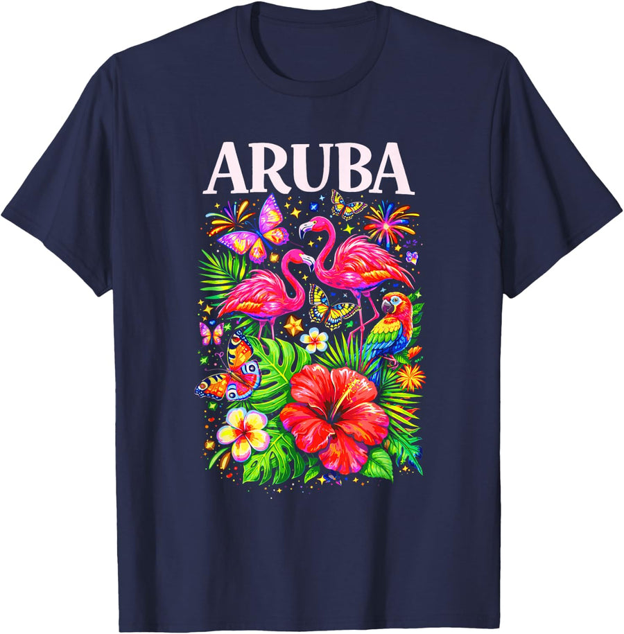 Aruba Tropical Paradise Flamingos Flowers Butterflies T-Shirt - Navy Blue