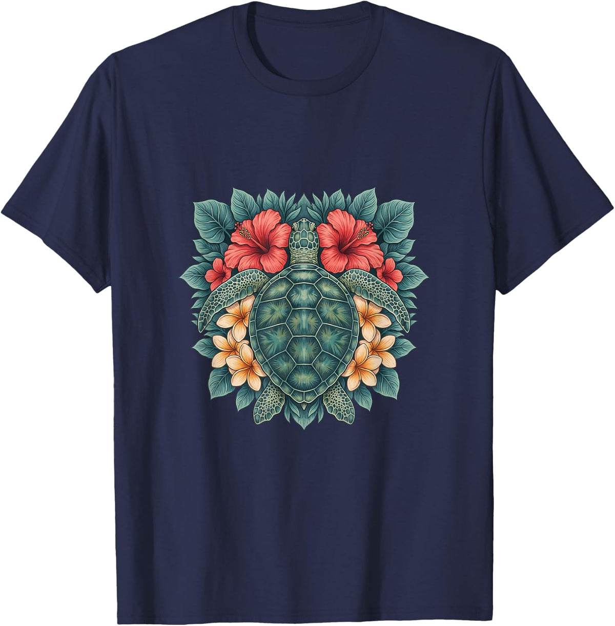 Sea Turtle with Coral Hibiscus and Cream Flowers T-Shirt - Navy Blue