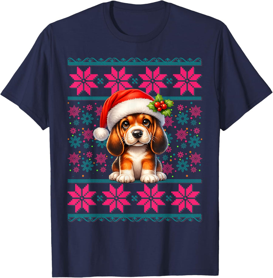 Santa Hat Ugly Christmas Pajama Women Girls Bloodhound Dog T-Shirt - Navy Blue