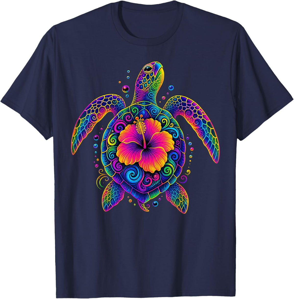 Sea Turtle with Hibiscus Flower T-Shirt - Navy Blue