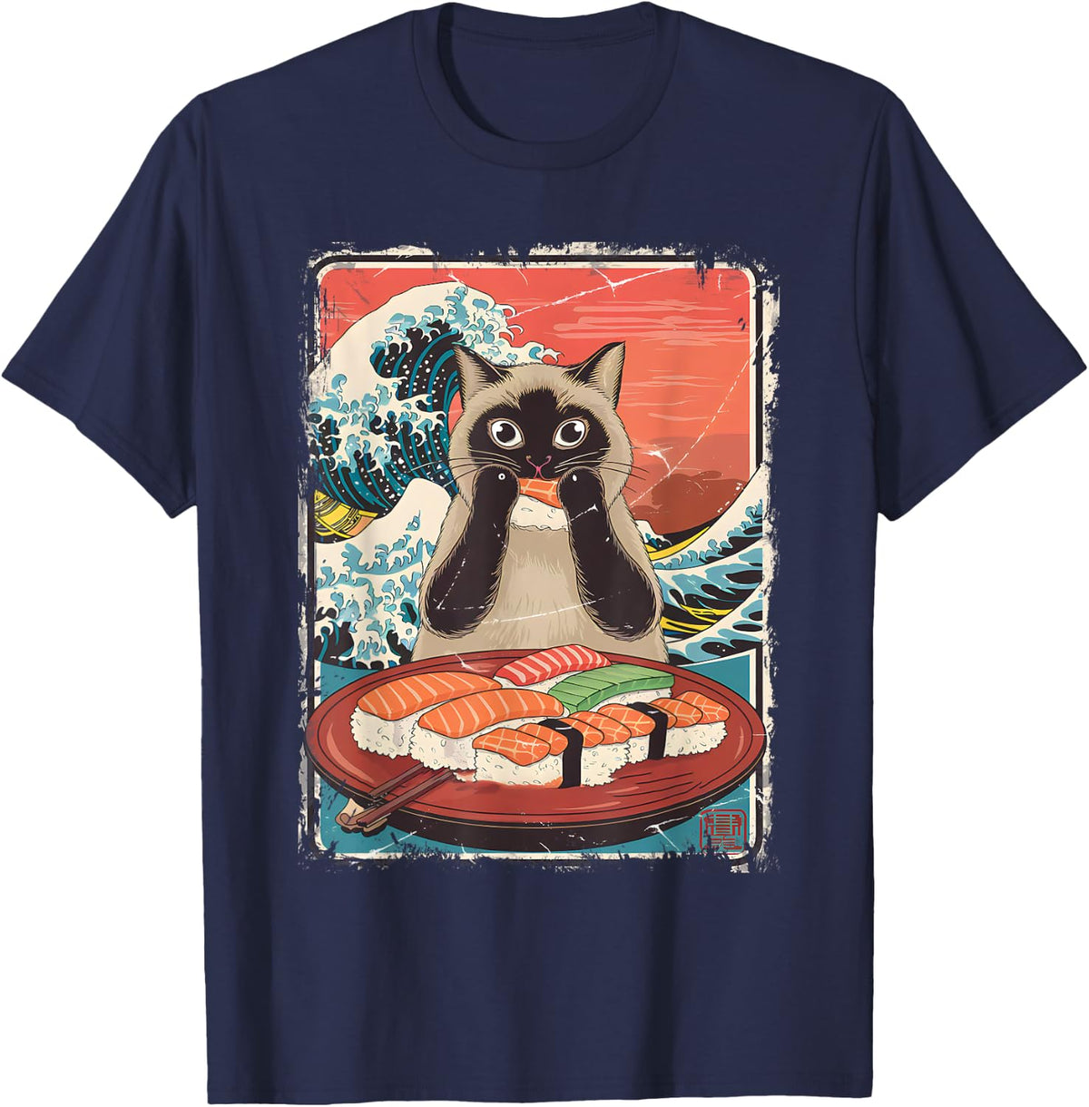 Kawaii Siamese Cat Eating Sushi Japanese Art Ocean Waves T-Shirt - Navy Blue