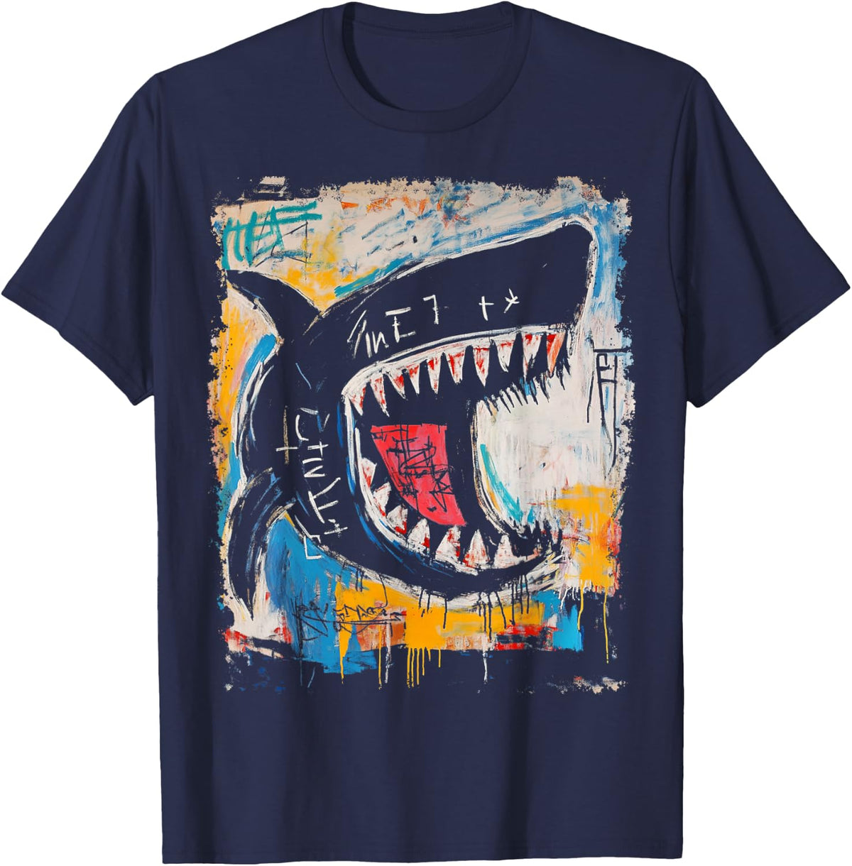 Pop Art Style Shark 90s Graffiti T-Shirt - Navy Blue