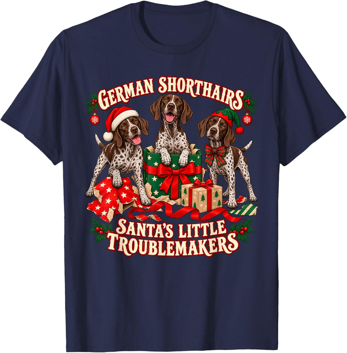 German Shorthaired Pointer Christmas Playful Present Patrol T-Shirt - Navy Blue