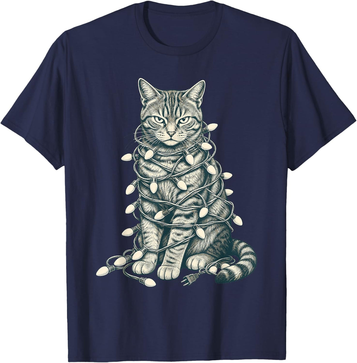 Cat Christmas Lights Tangled Vintage Tabby T-Shirt - Navy Blue