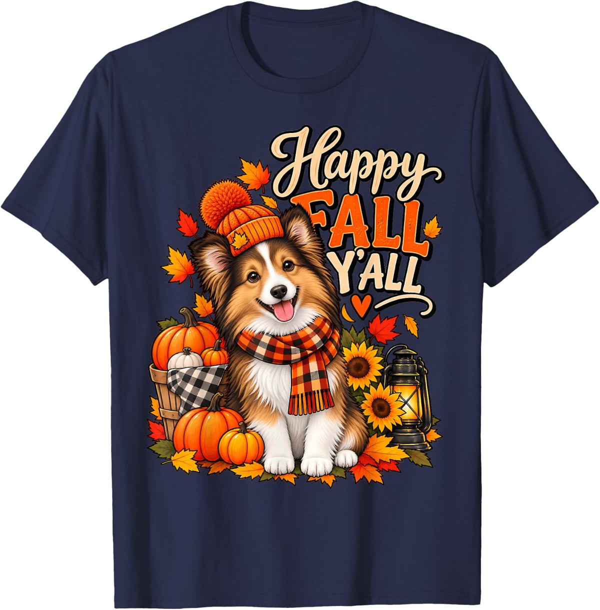 Happy Fall Y'all Shetland Sheepdog Dog Scarf Autumn Leaves T-Shirt - Navy Blue
